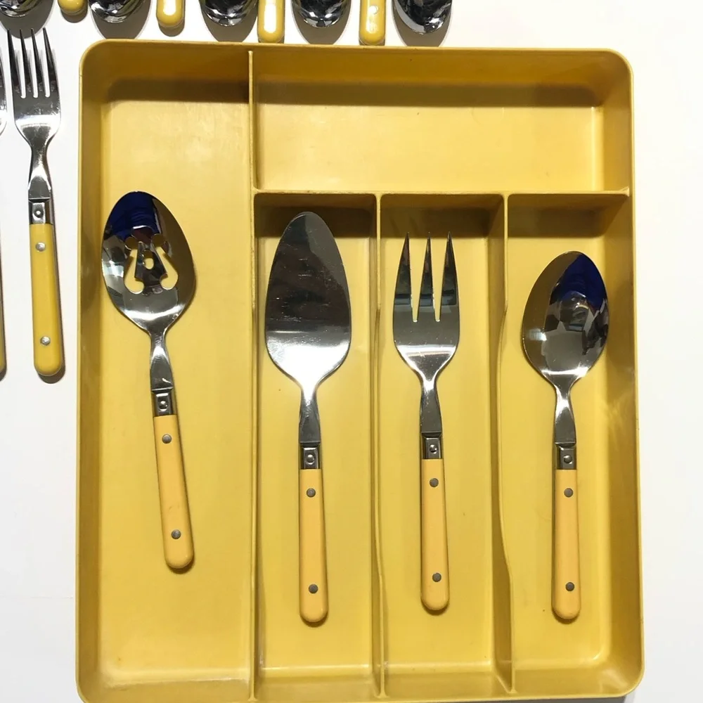 Vintage MCM Butterscotch Yellow Stainless Flatware lot 54 With Tray